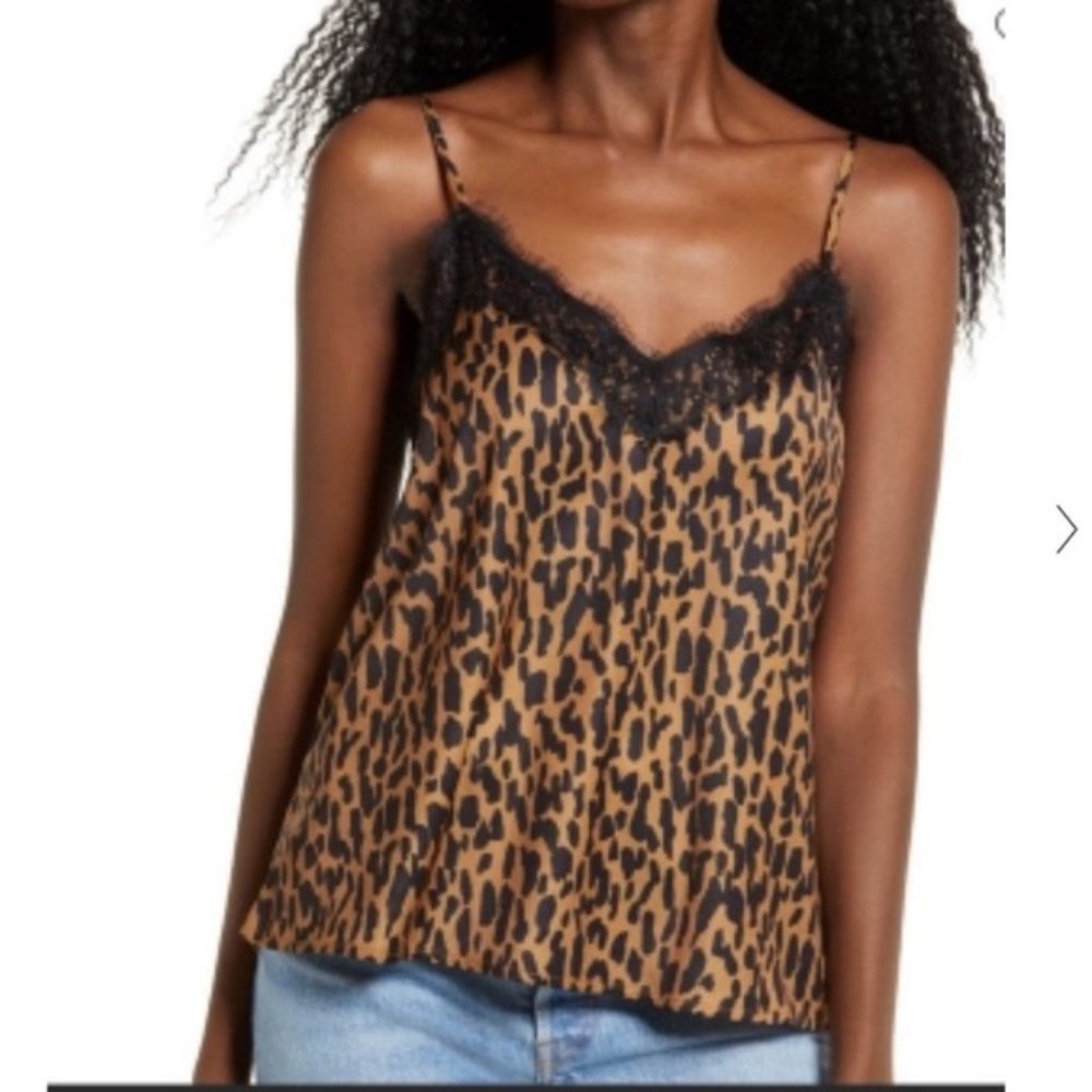 BP. Womens l top leopard print lace trim satin sleeveless camisole